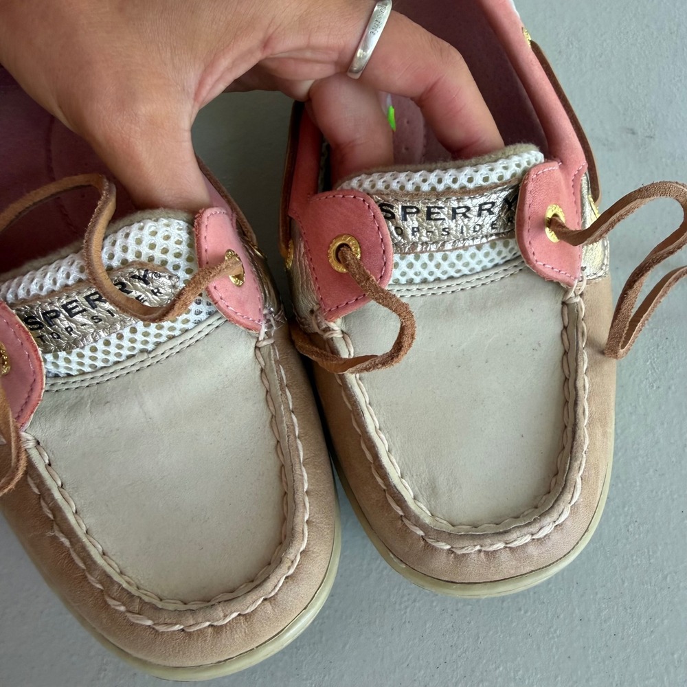 Sperry TopSider Women 9.5 Pink Tan Gold Leather Mesh Angelfish Boat Shoes Preppy - Picture 3 of 15